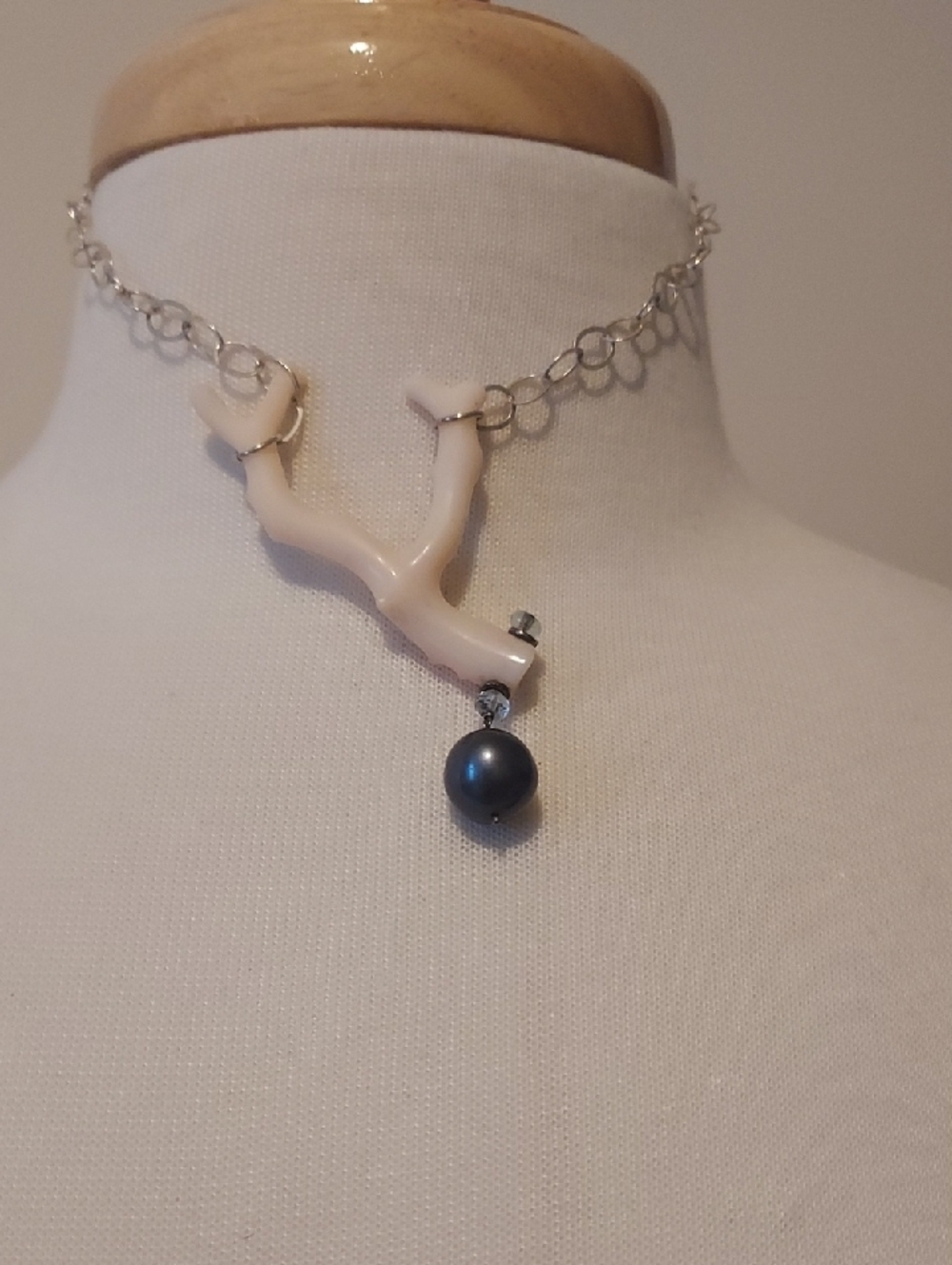 Pink Skin Coral Branch Necklace with Black Pearl Accent - Women Jewelry